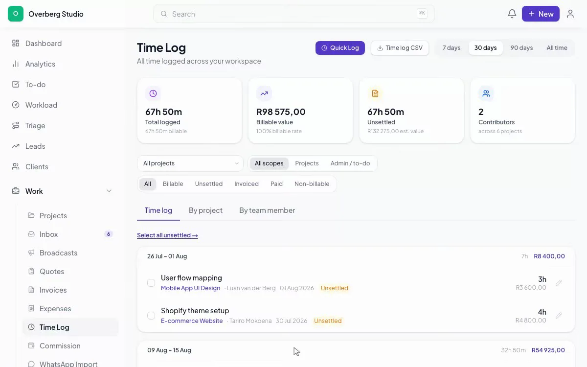 Selecting billable time entries in CoPortal and adding them to an invoice