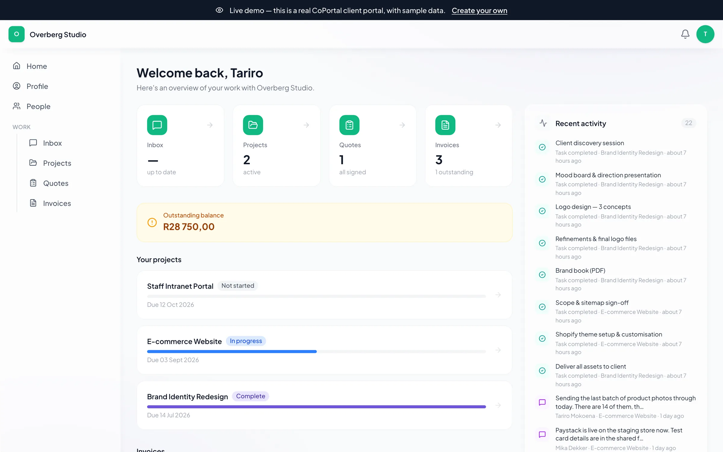 A CoPortal client portal showing projects, invoices and an outstanding balance